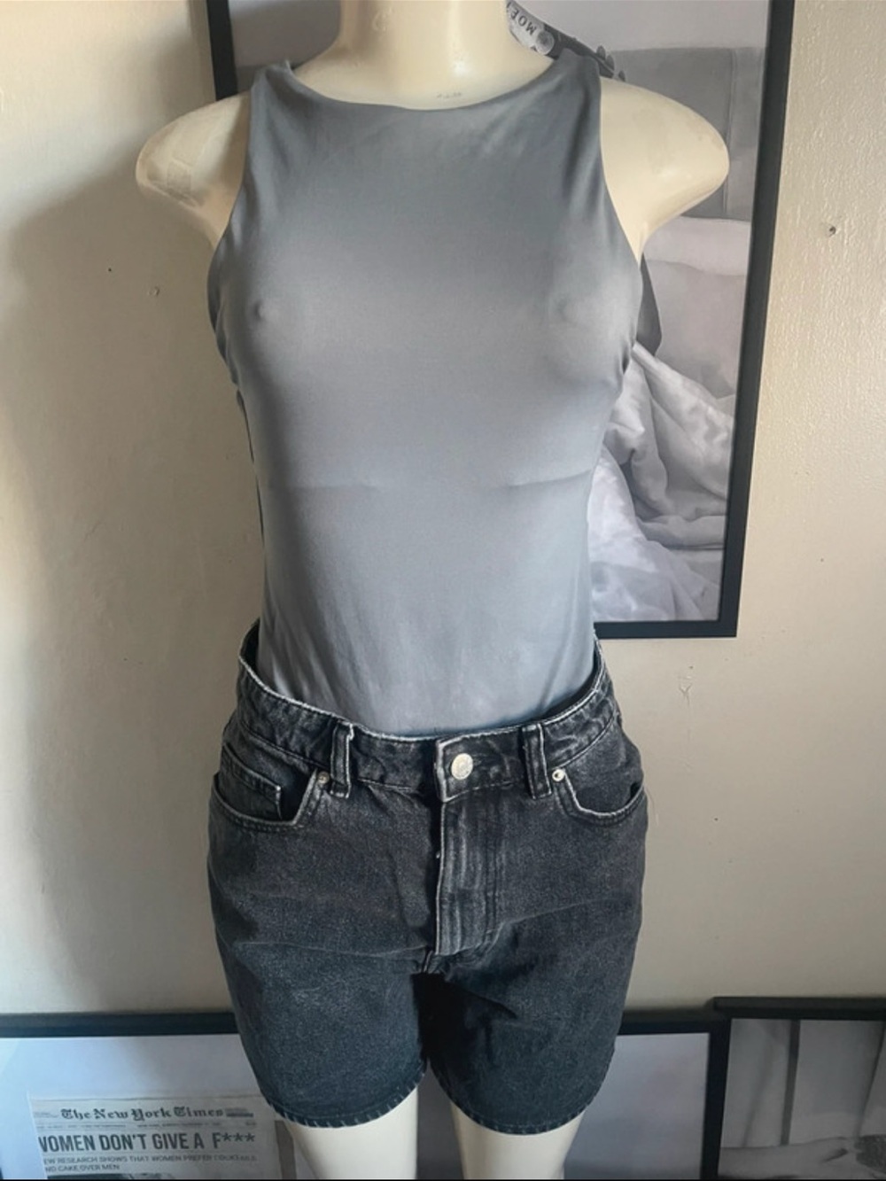 Zara Molding Bodysuit and Denim Shorts Outfit